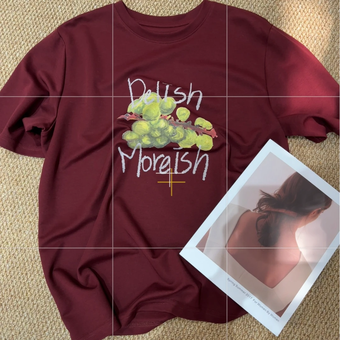 【葡萄大版短袖】2025夏新款涂鸦葡萄字母印花宽松短袖套头T恤女