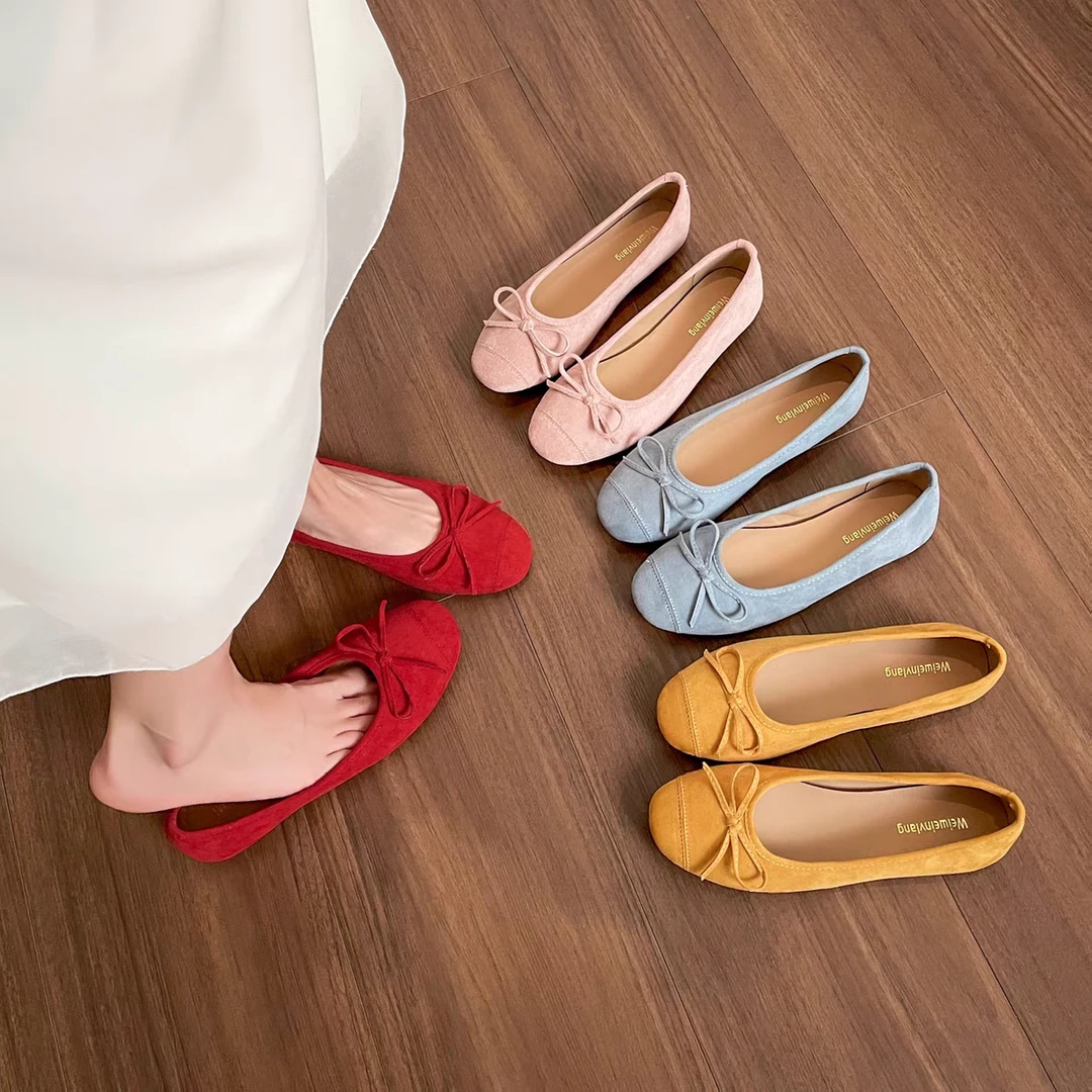 红色平底单鞋舒适玛丽珍大码女鞋蝴蝶结软底鞋一脚蹬女鞋圆头百搭