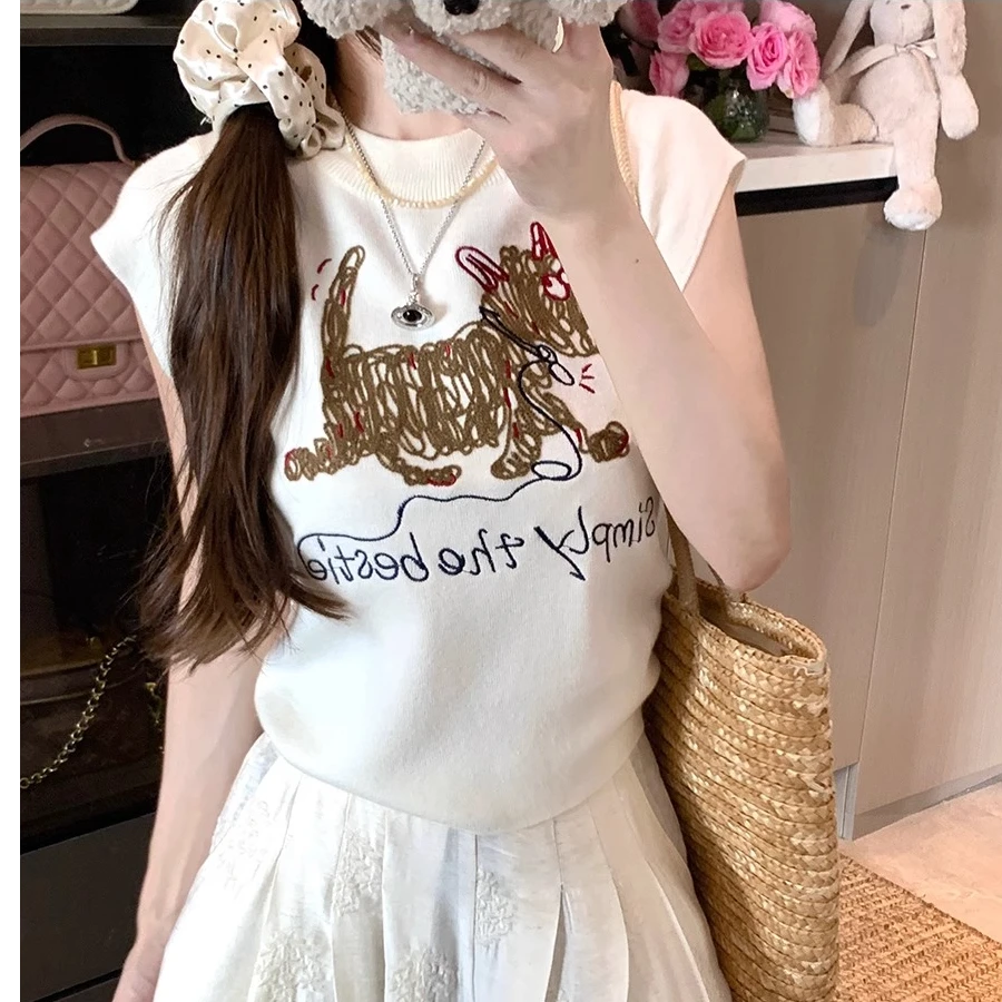 卡通刺绣针织背心女2025夏季新款设计感修身显瘦套头无袖短款上衣