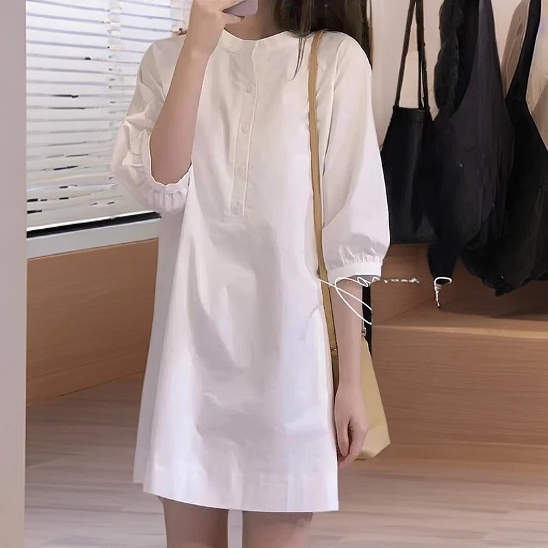 欧货简约白色衬衫连衣裙女夏设计感小众小个子气质圆领单排扣裙子
