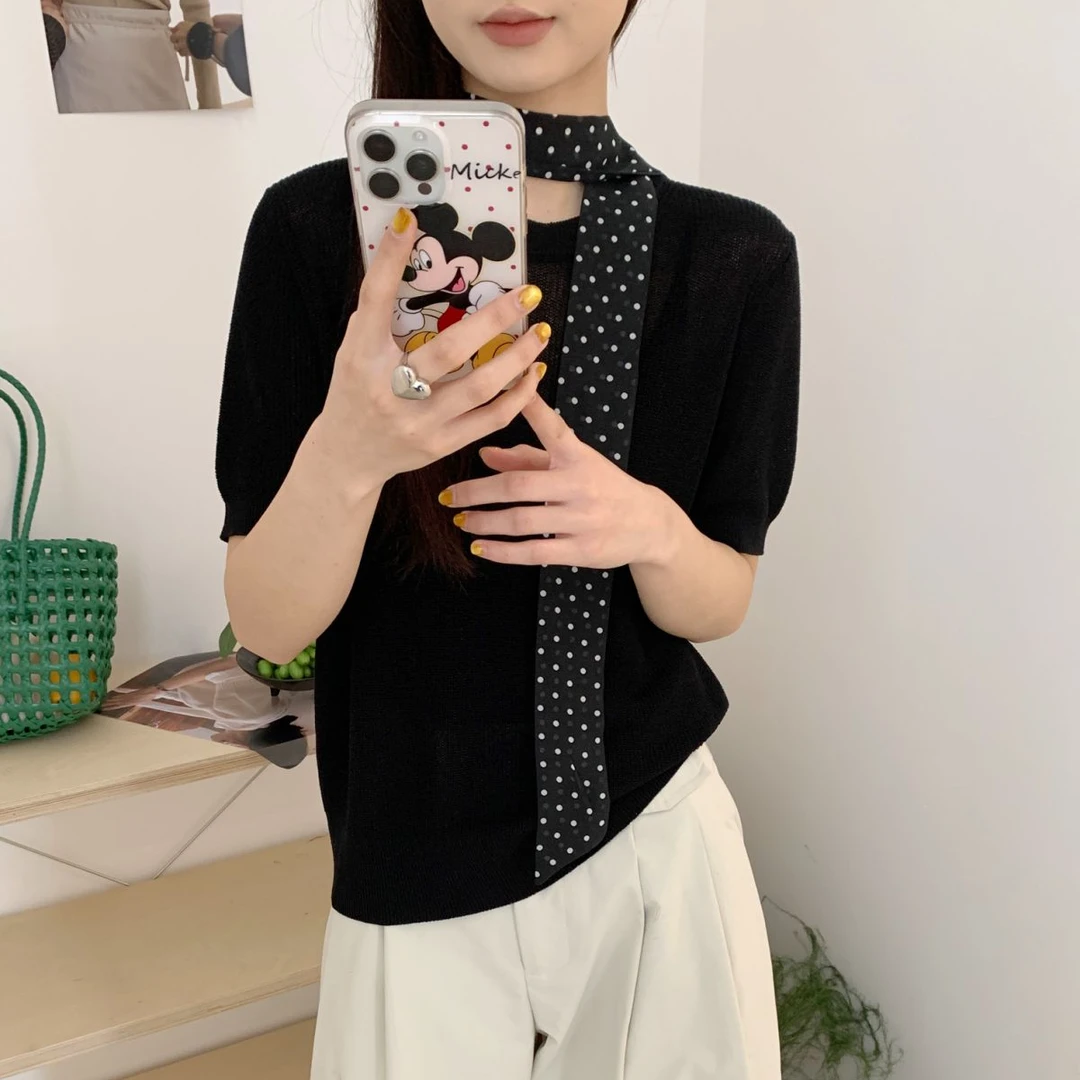 【素简.680108】春款上新天爽亚麻丝巾短袖红人上新混纺针织衫