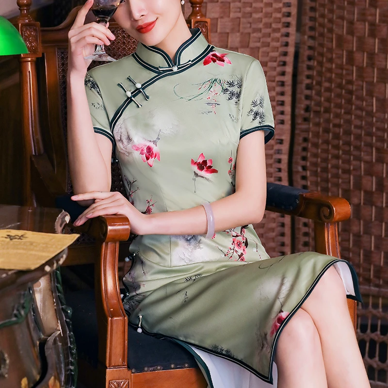 【绿玉兰】 手工高端旗袍夏女2025新款日常复古旗袍连衣裙气质长款