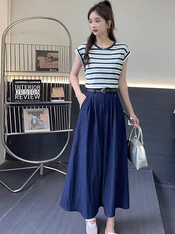 2025夏季新款时尚气质韩版百搭条纹上衣高腰半身裙两件套女GJ2562