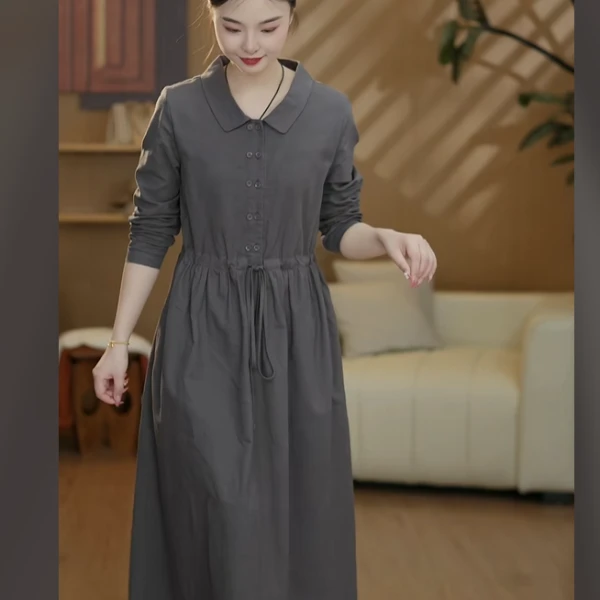 秋装女装2025新款棉麻连衣裙女中长款收腰显瘦百搭a字裙春秋2612