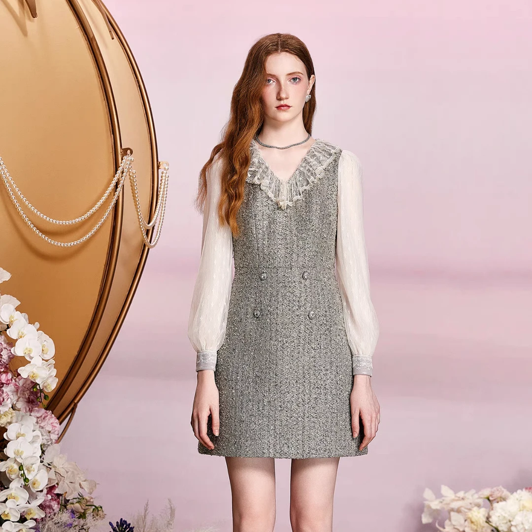 VJC OLIVIA【Nanaco专属】25秋冬光泽绵羊毛气质轻盈灰色女士连衣裙