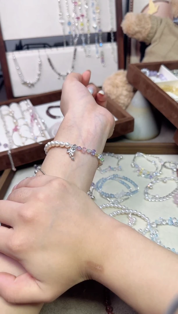 银S925镶嵌手链水晶珍珠七彩华子