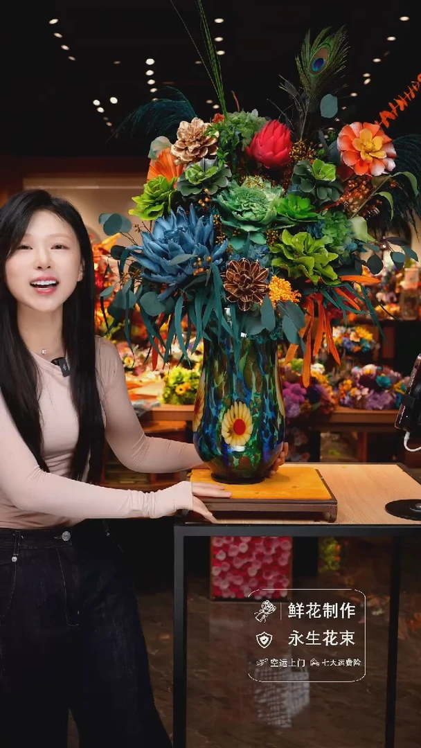 琉璃手工艺品大聚宝盆+双面孔雀花束