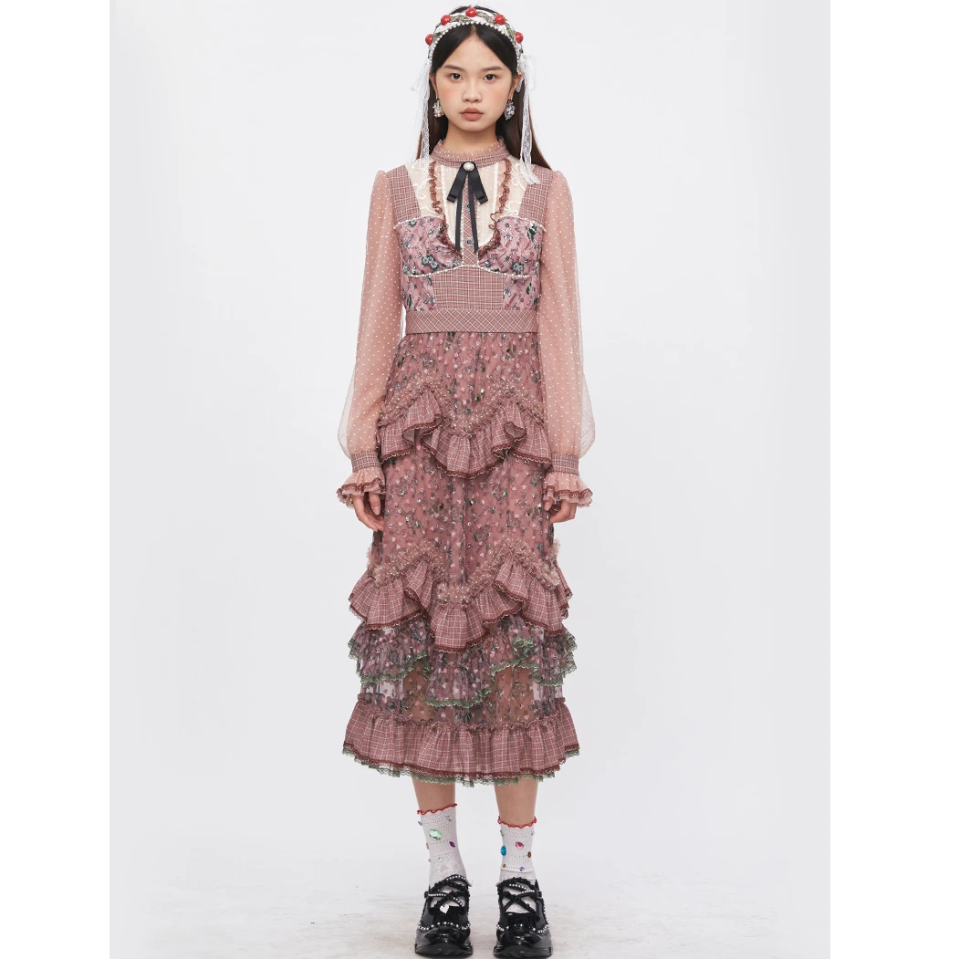 【高高甄选】EYEDOLL风荷叶袖印花雪纺蕾丝蛋糕连衣裙