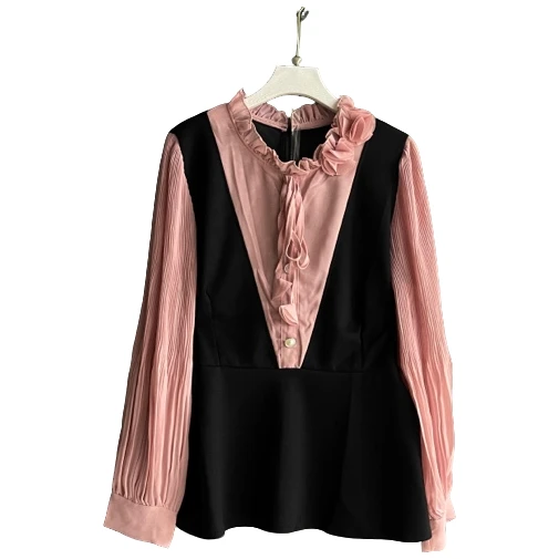 大码胖妹时尚木耳边收腰上衣女士荷叶边假两件长袖搭配遮肉显瘦