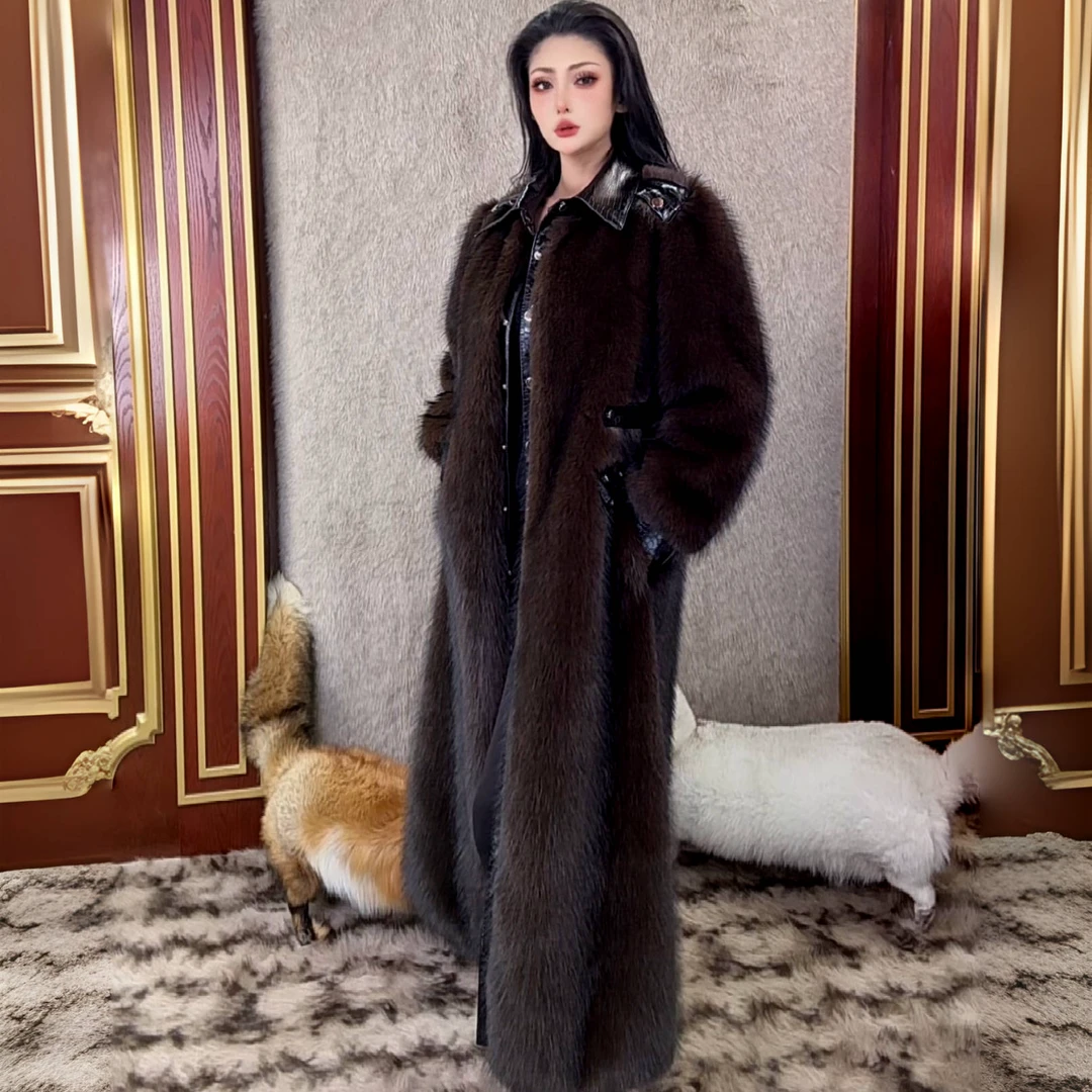 {阿美拉}法式高奢秋冬设计师长款鳄鱼纹毛毛外套