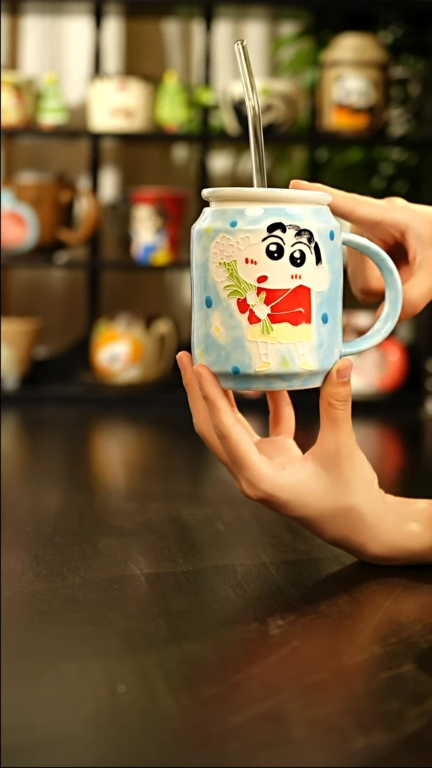 杯子蜡笔小新卡通陶瓷吸管杯