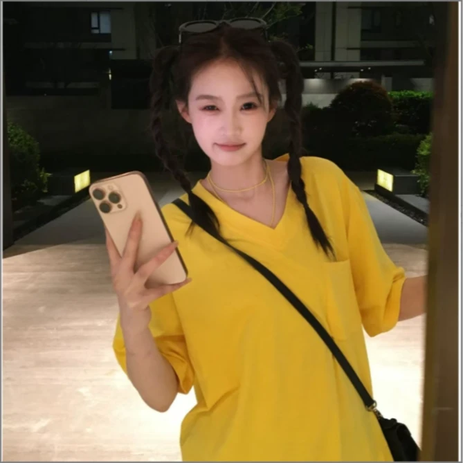 SSYDFER【克莉丝汀小姐】时尚v领短袖气质百搭温柔设计感