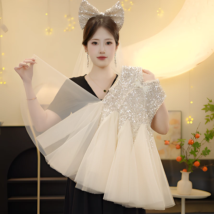 SQ【云纱仙裙】女童2025轻奢亮银宴会礼服裙夏季新款立体连衣裙洋气