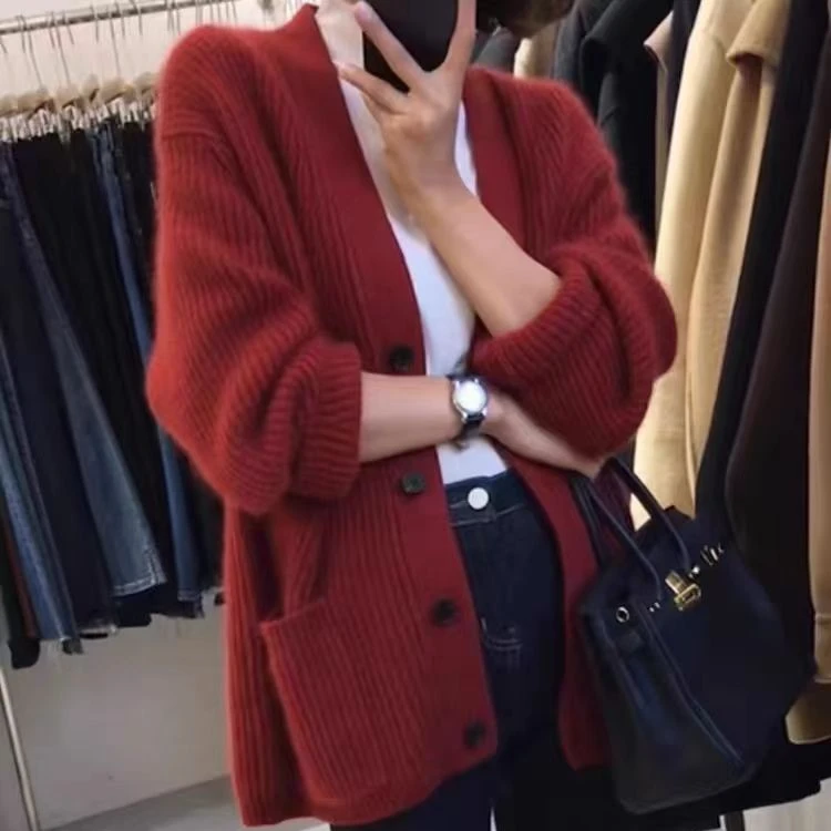 秋冬女加厚羊毛口袋针织开衫时尚元宝针带兜毛衣气质保暖打底开衫