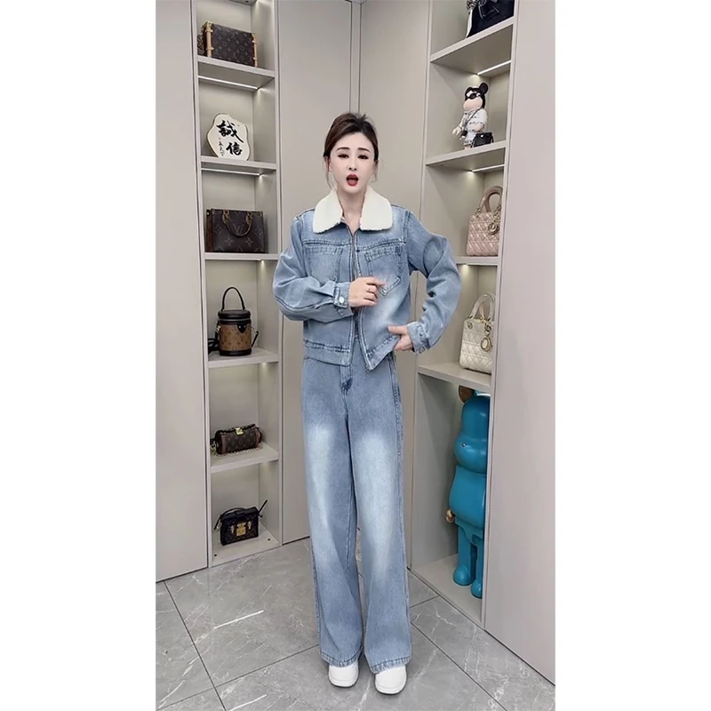 网红爆款2025秋冬新款时尚加绒加厚牛仔套装外套长裤阔腿两件套