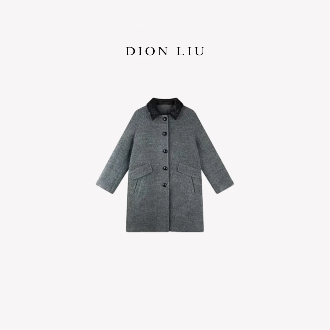 DION LIU｜【编织领】100羊毛高级灰中长款大衣