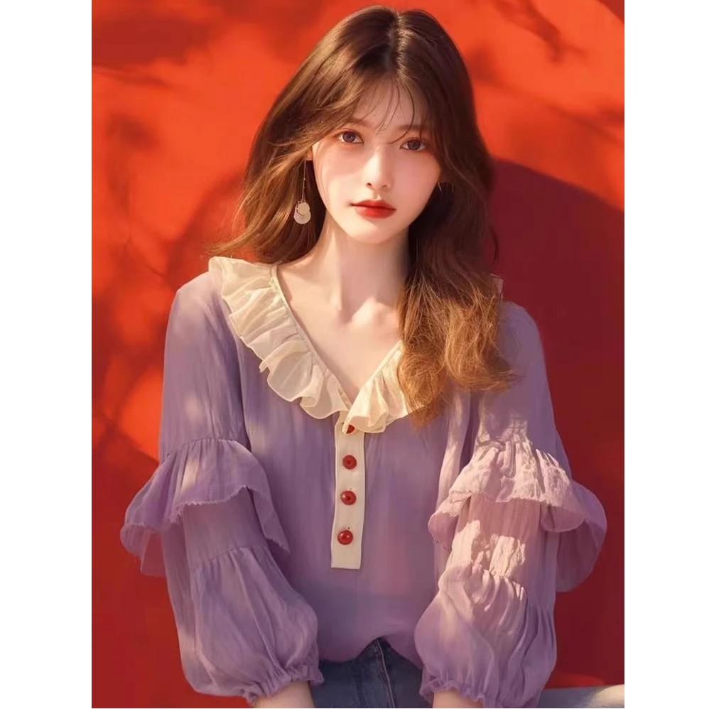 5190 紫色衬衫新款夏季七分荷叶边气质高级感高级感百搭衬衫上衣