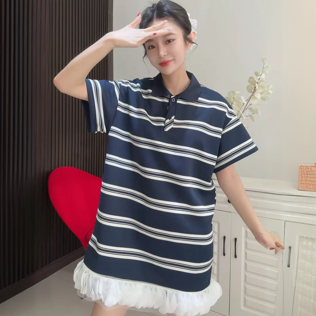 韩版减龄慵懒风设计感拼接蕾丝花边撞色翻领条纹连衣裙474