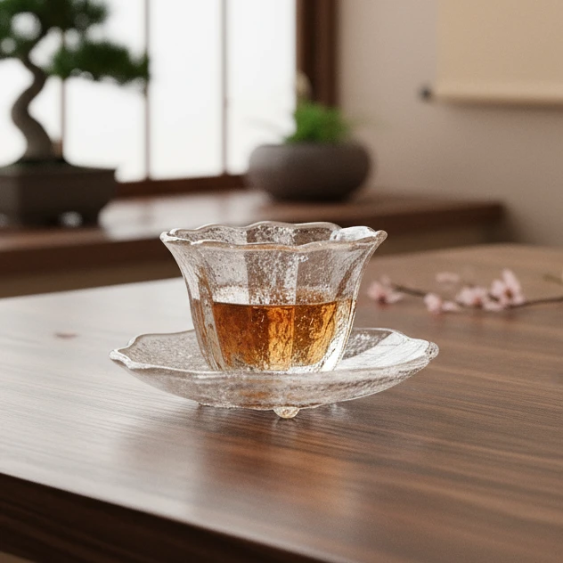 瓷造锤纹花朵杯50ml加厚玻璃主人杯茶具杯垫喝茶网红茶杯茶器