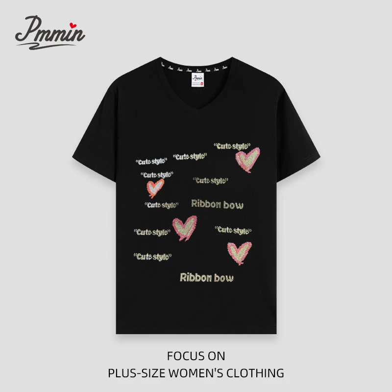 pmmin【字母爱心】女装大码V领烫钻短袖T恤 夏季烫钻