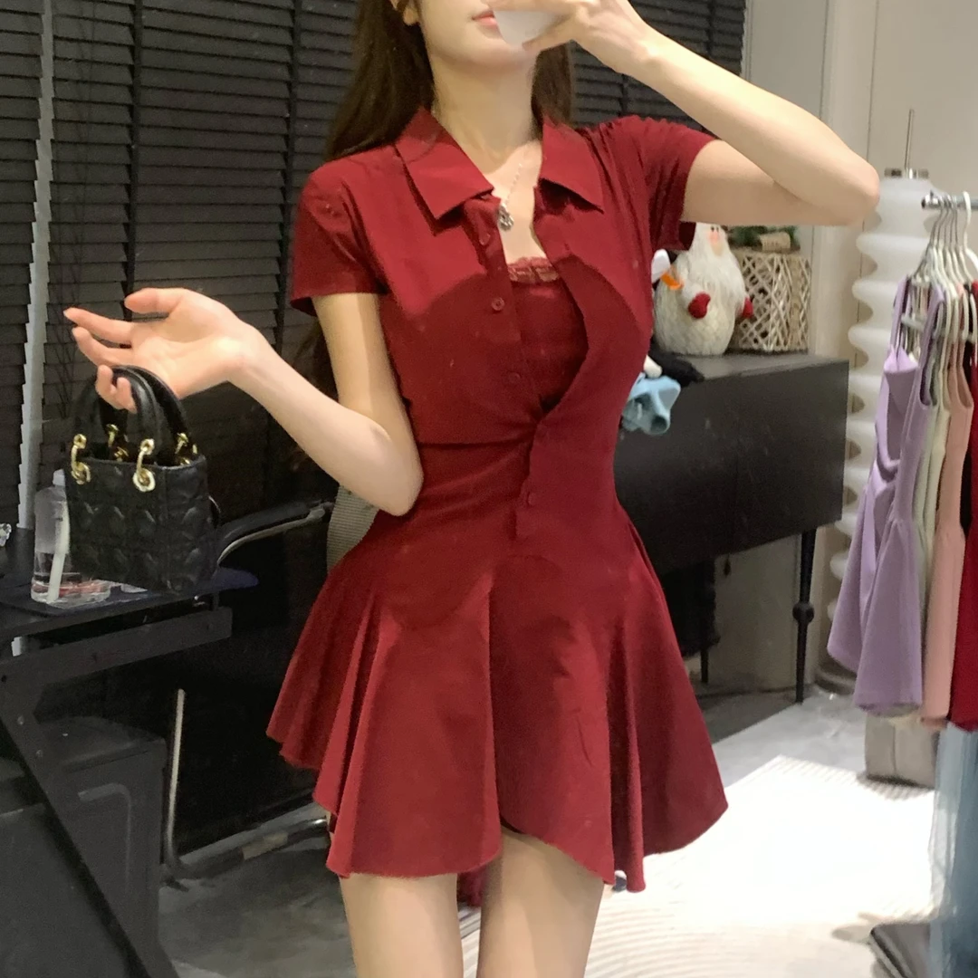 纯欲气质假两件翻领短袖连衣裙女夏季新款高腰a字短裙