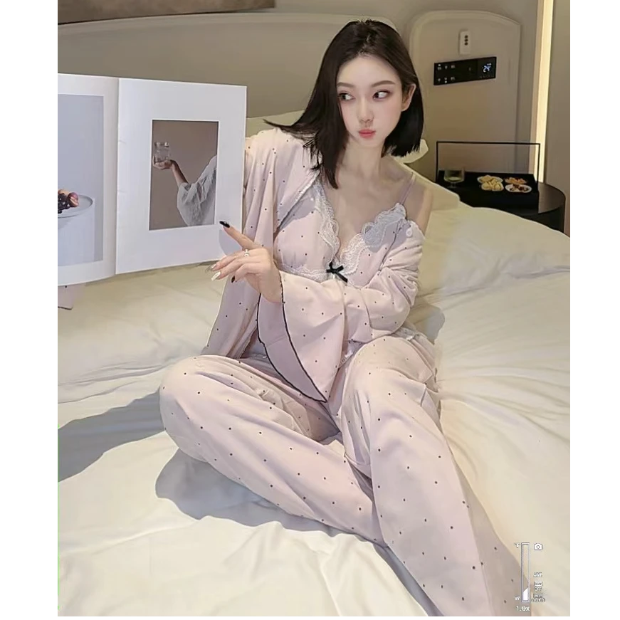 (带胸垫)加厚保暖德绒秋冬羊密绒纯欲风睡衣女薄绒性感三件套装