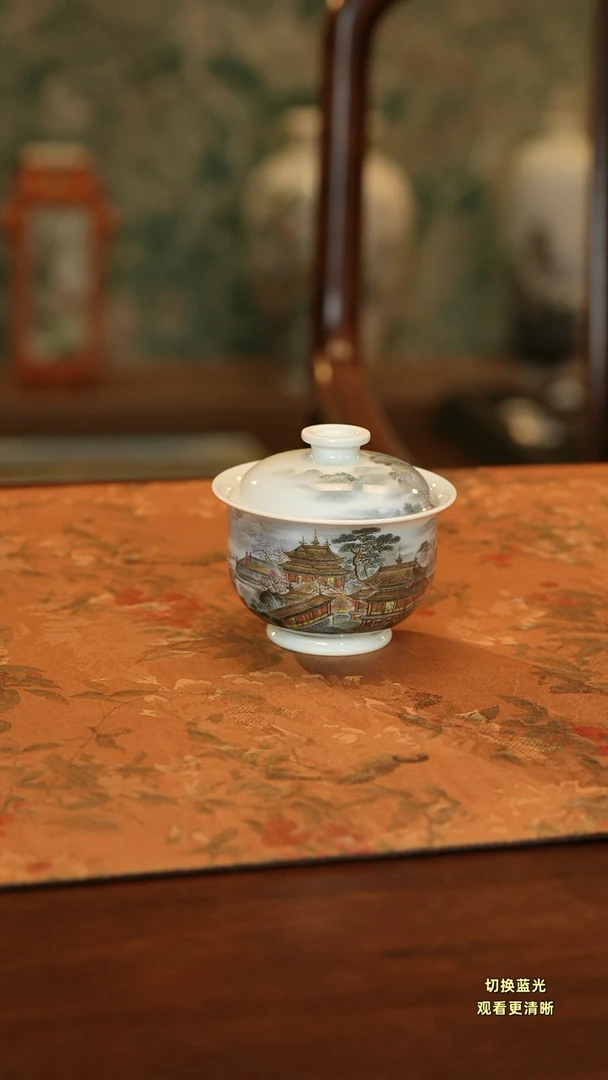 手绘粉彩梁园盛景岩茶盖碗