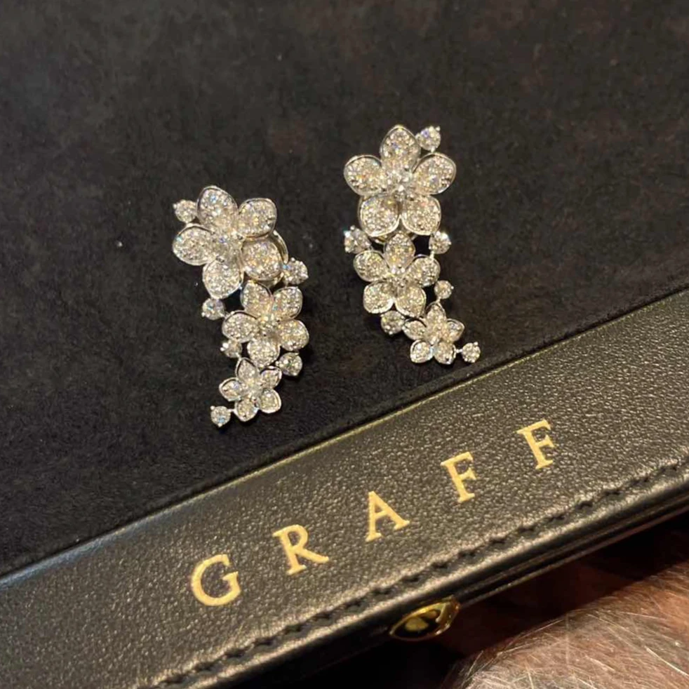 99新 DIOR/迪奥 小花6珊 格拉夫wild flower白金满钻花朵耳环23年