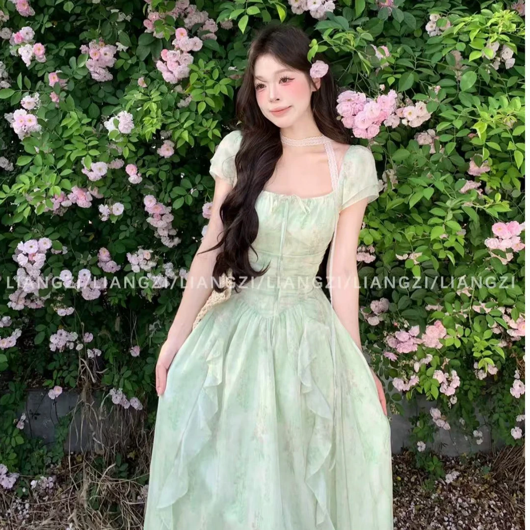 【花间絮语】夏季小碎花荷叶边长裙收腰打褶显瘦连衣裙