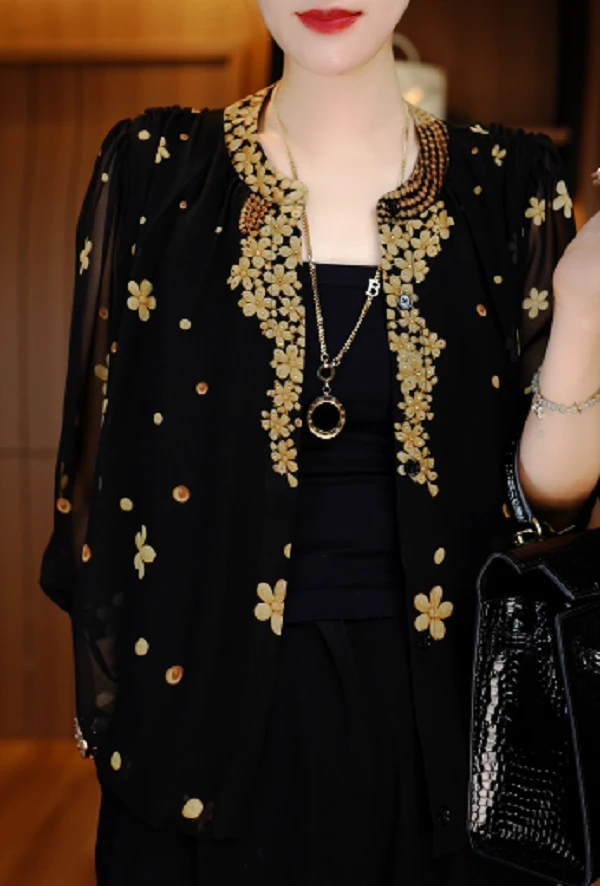 午夜花洋气开衫圆领显瘦减龄气质轻奢时尚女士上衣百搭V25L435