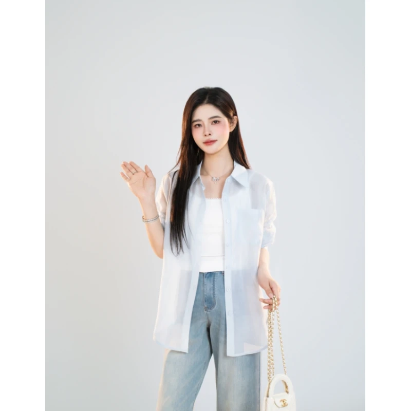 宿慕SUMU 女装纯色防晒衬衣 5-10夏季2025新款翻领宽松衬衫001