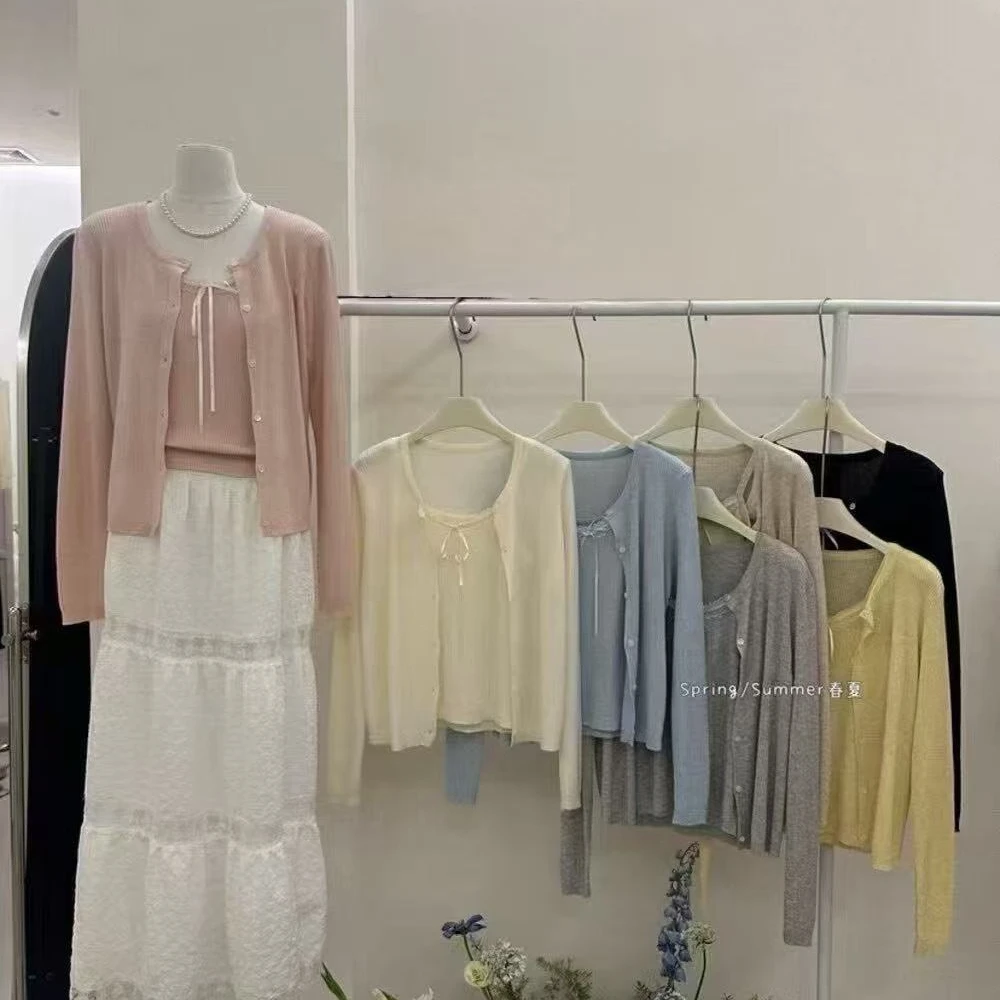 [2890]洋气减龄蕾丝吊带背心开衫两件套细羊毛针织套装