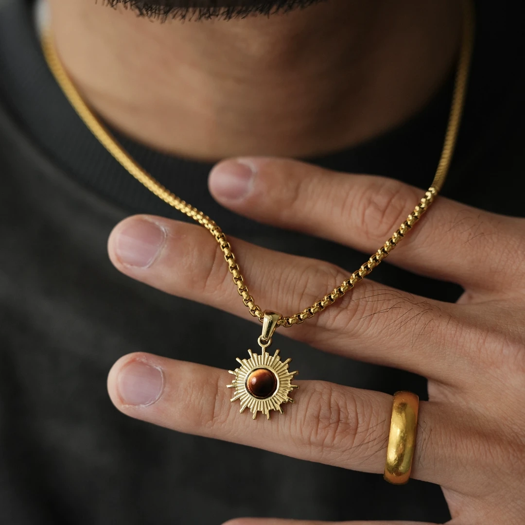 坠链均925银 金色太阳花猫眼石吊坠毛衣链男款高级感项链原创ins