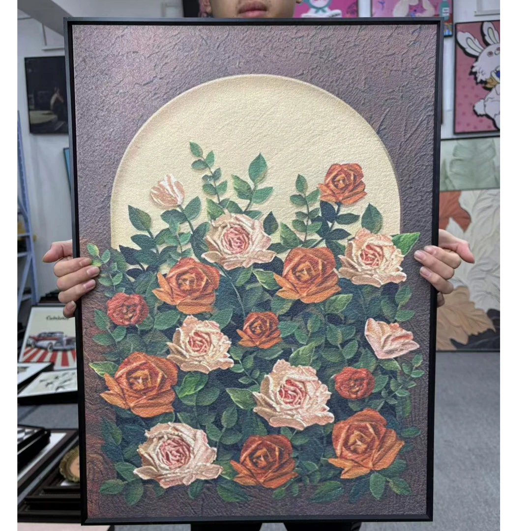 中古风客厅装饰画法式复古玫瑰花卉肌理感壁画美式沙发背景墙5070