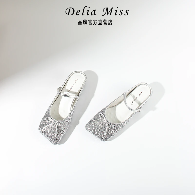 迪莉桠新款时尚气质方头蝴蝶结一字带半托全皮内增高凉拖高级女鞋