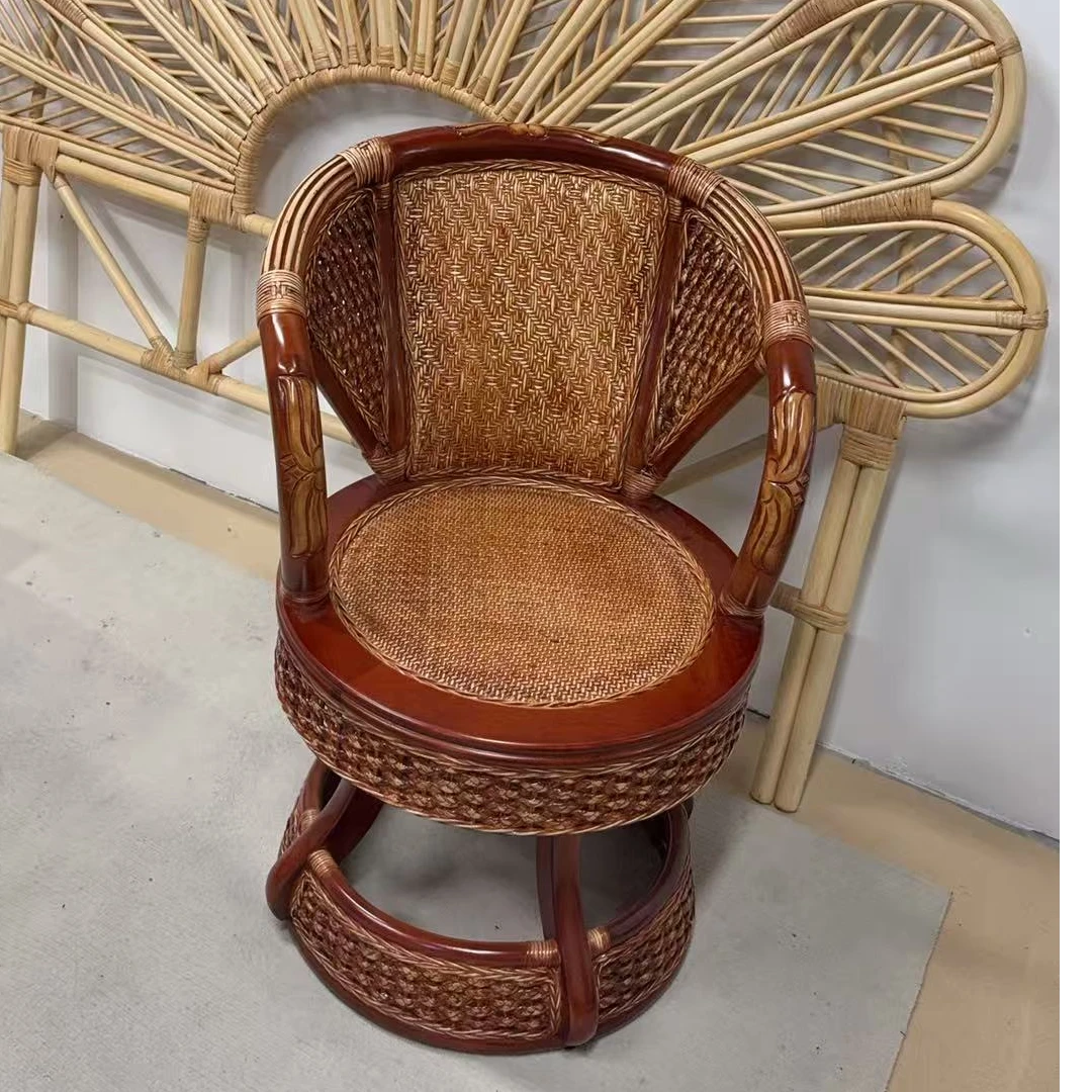 单人高靠背磨红色转转椅休闲手工编藤制旋转椅