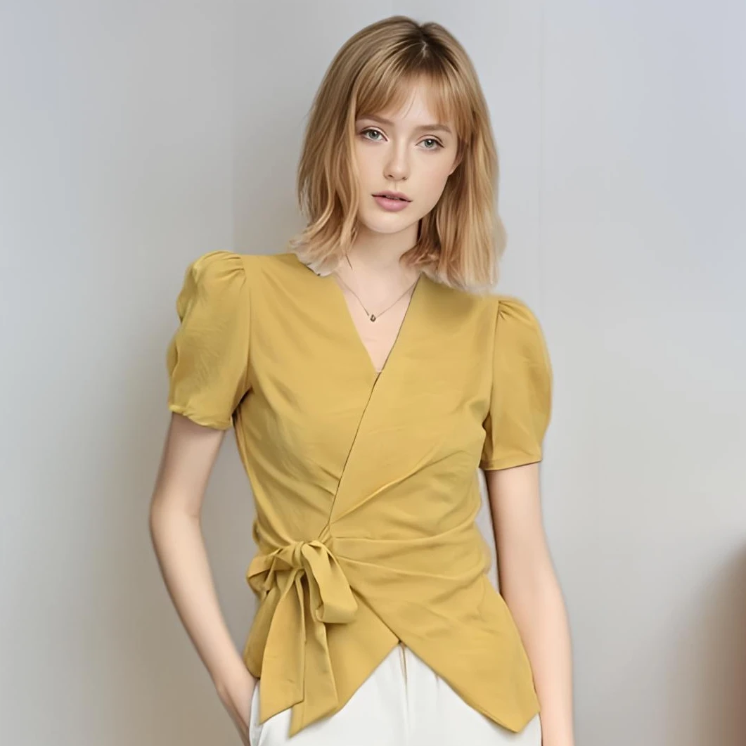 【星落花海】夏季新款洋气时尚V领短袖不规则衬衫