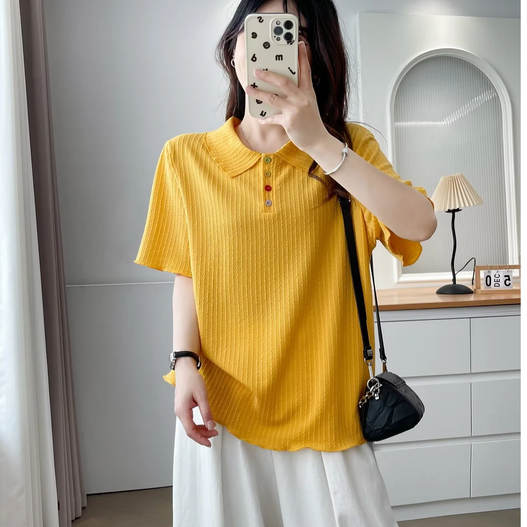 【潼潼专属】大码夏季新款时尚气质翻领木耳边显瘦多彩短袖2518