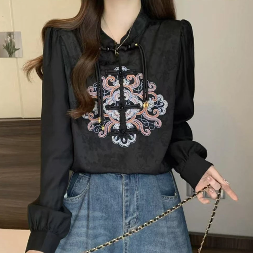 2025春季新款新中式国风盘扣衬衫女时尚气质暗花上衣小衫1705长64