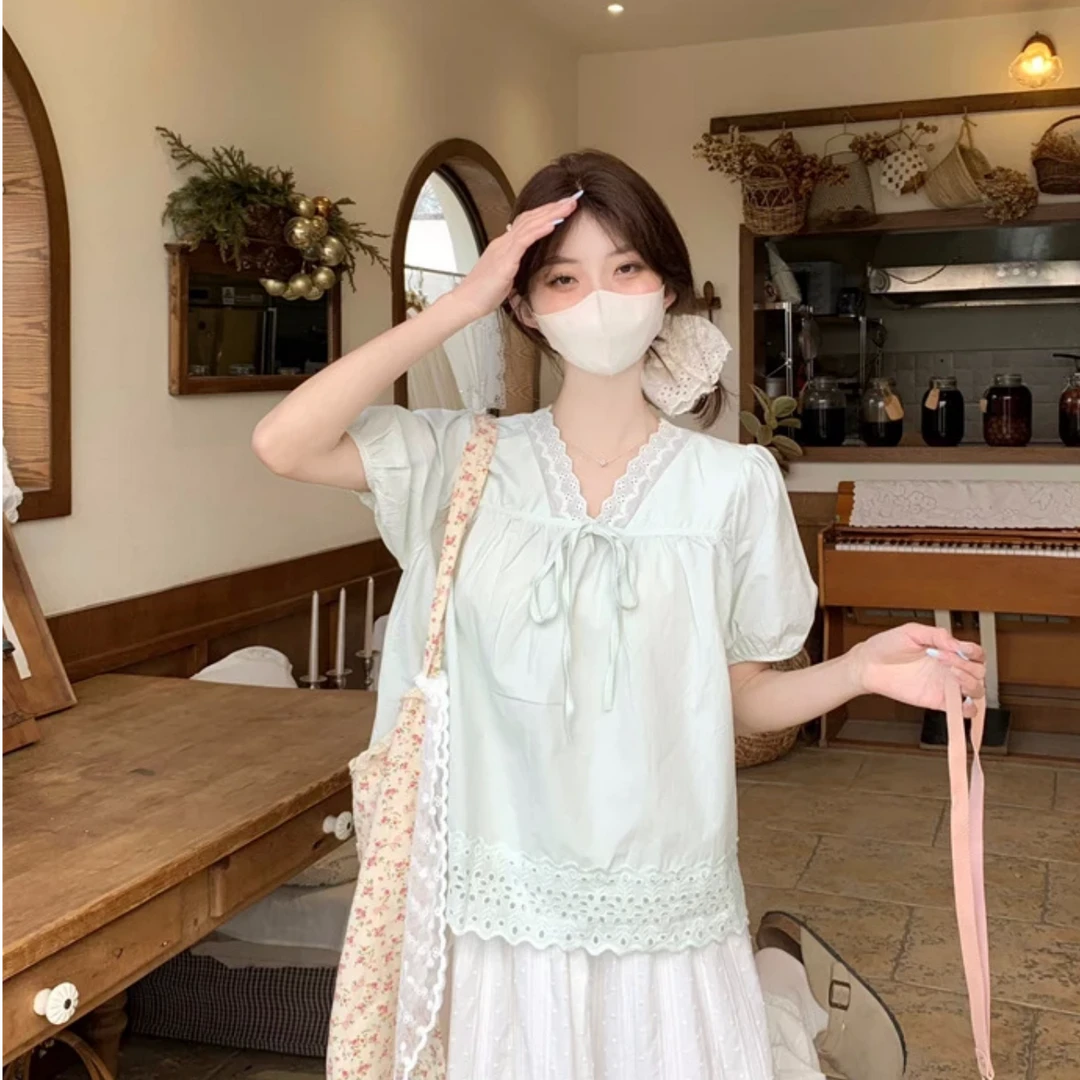 新款韩系领拼接花边系带衬春季夏季显瘦女装