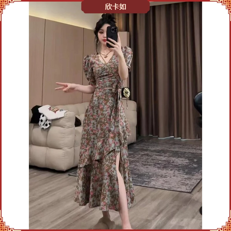 I夏季2025新款时尚套装女法式复古领泡泡袖上衣+开叉半身裙两件I