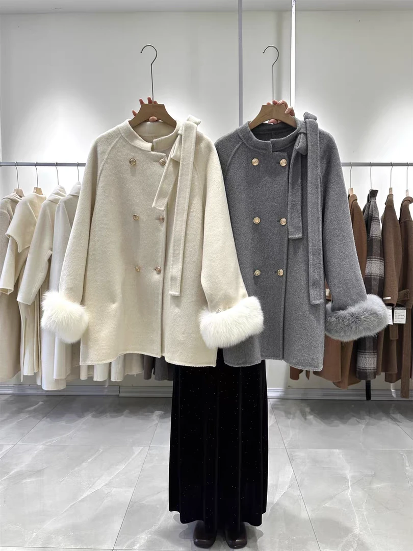 2025新款千金风蝴蝶结斗篷羊绒双排扣小个子大衣外套