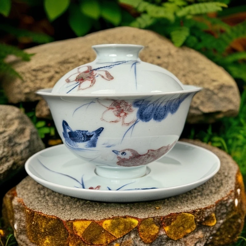 景德镇静心斋刘咏辉款手绘青花釉里红鸳鸯戏水三才盖碗白瓷茶具