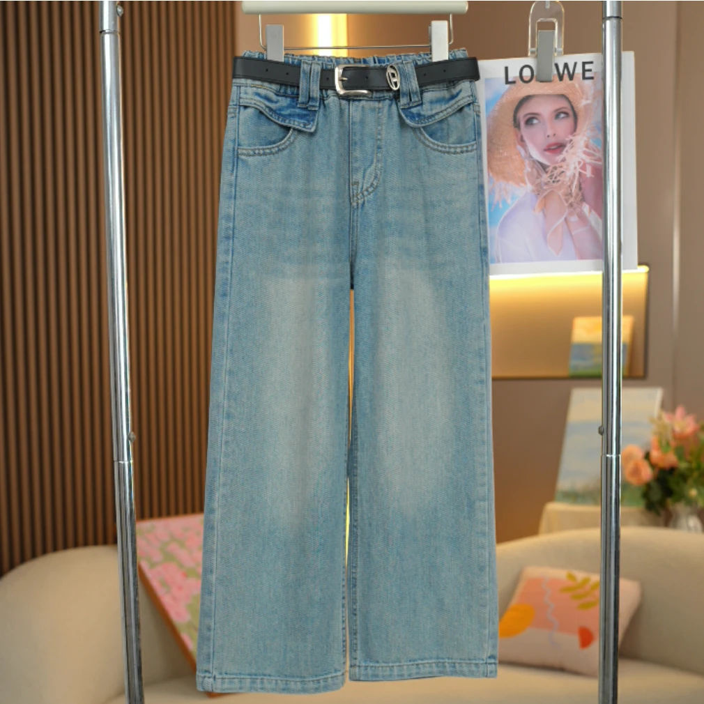 女童窄版翻盖口袋直筒裤2025春新款中大童时尚百搭儿童宽松牛仔裤