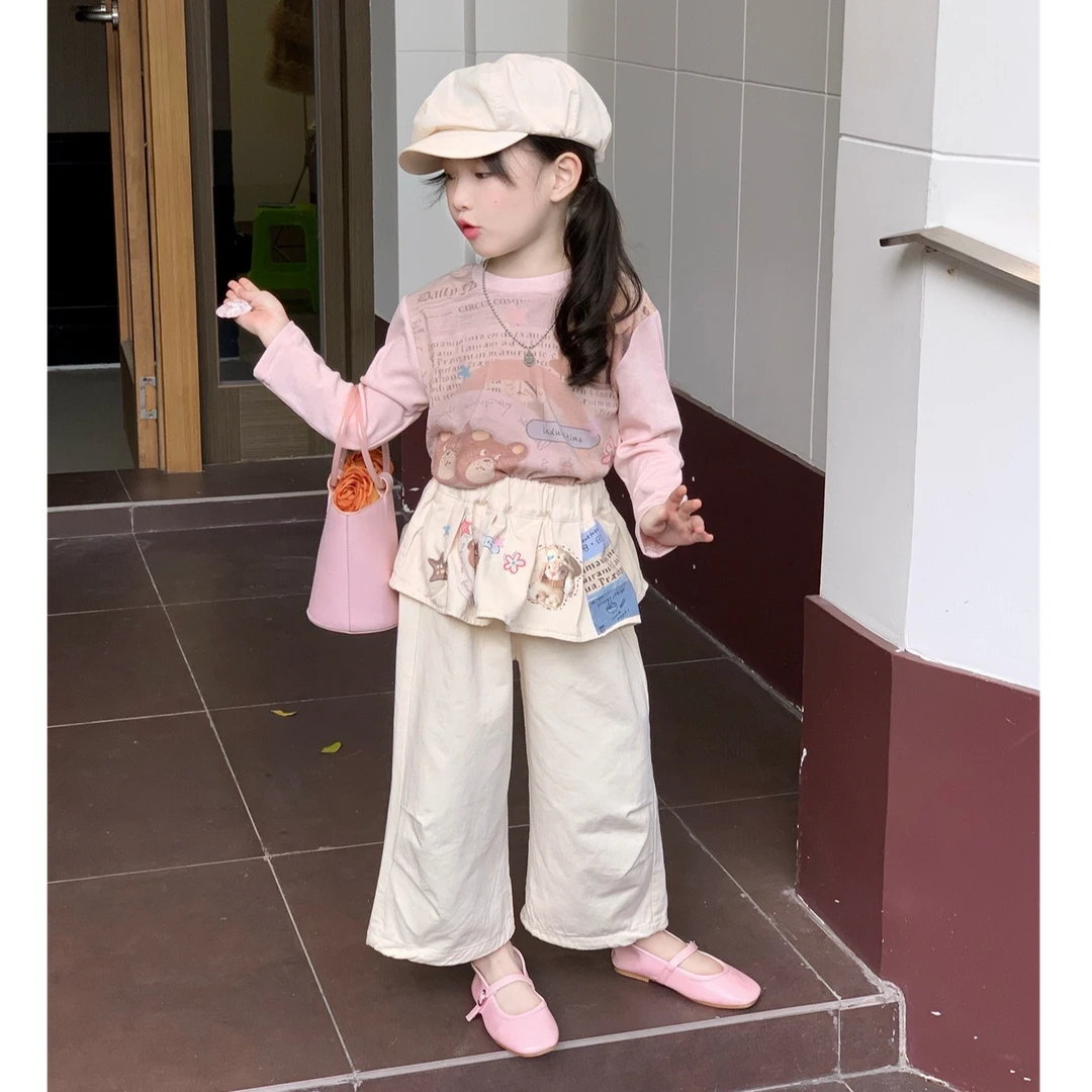壹妈韩版童装女童2025秋季新款套装时尚女宝粉色长袖T恤屁帘长裤