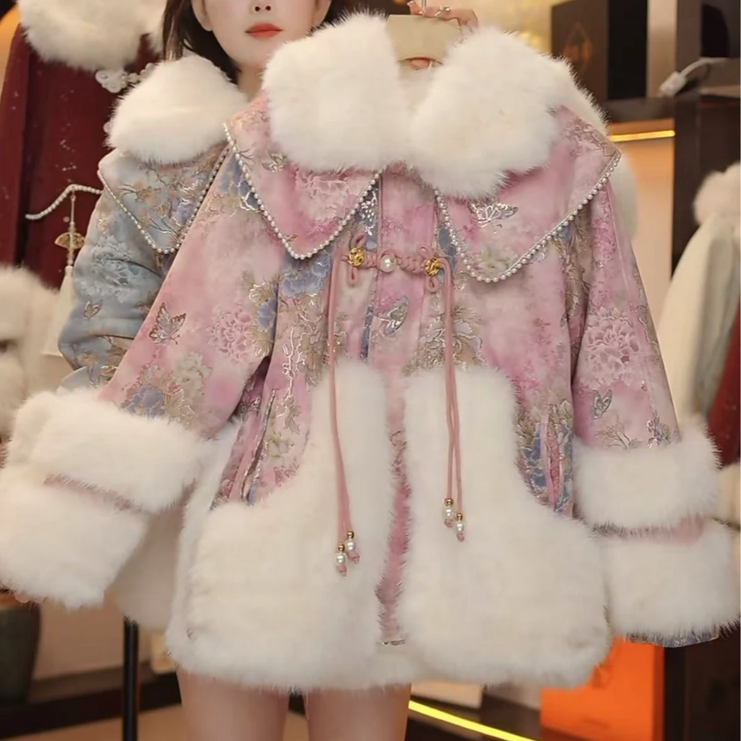 【年年有余-粉】2024冬季红人上新时尚百搭新中式娃娃领毛毛外套.