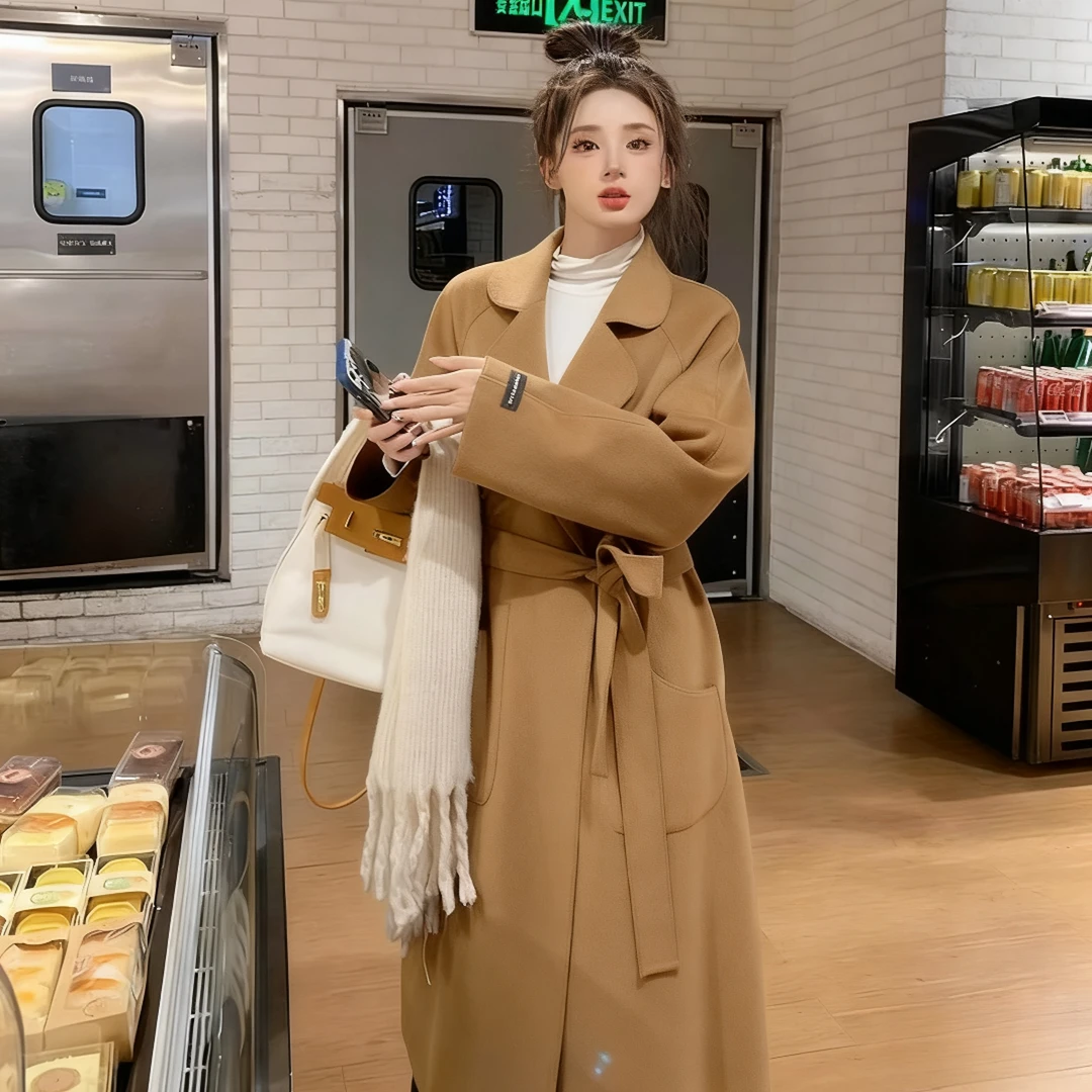 大码赫本风双面毛呢外套女韩系胖mm中长款设计感秋冬驼色呢子大衣