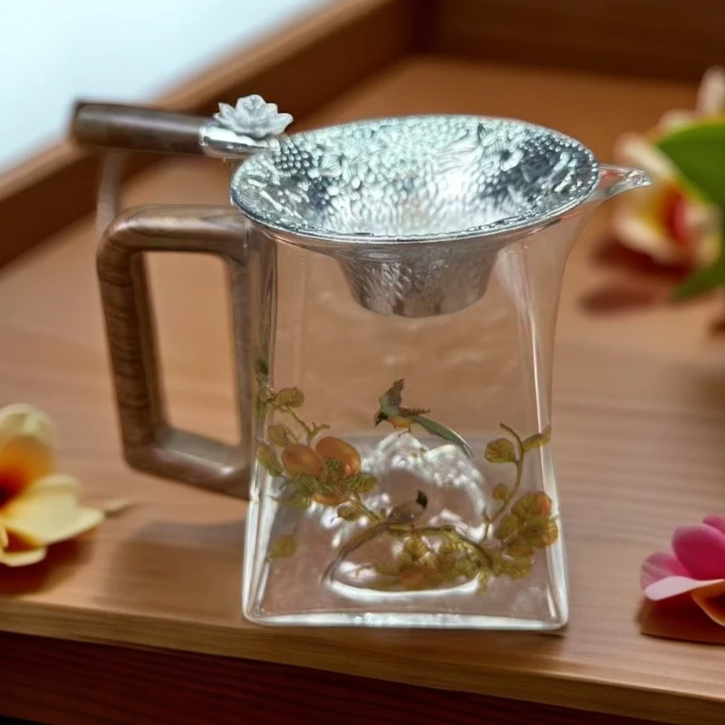 ZHTJ0054-喜上眉梢公道杯+镀银茶漏日式木把茶道家用分茶高档
