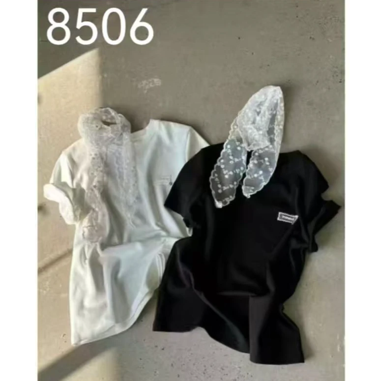 ASM8506（聚水潭）宽松型圆领修身型蕾丝打底衫时尚百搭女士短袖