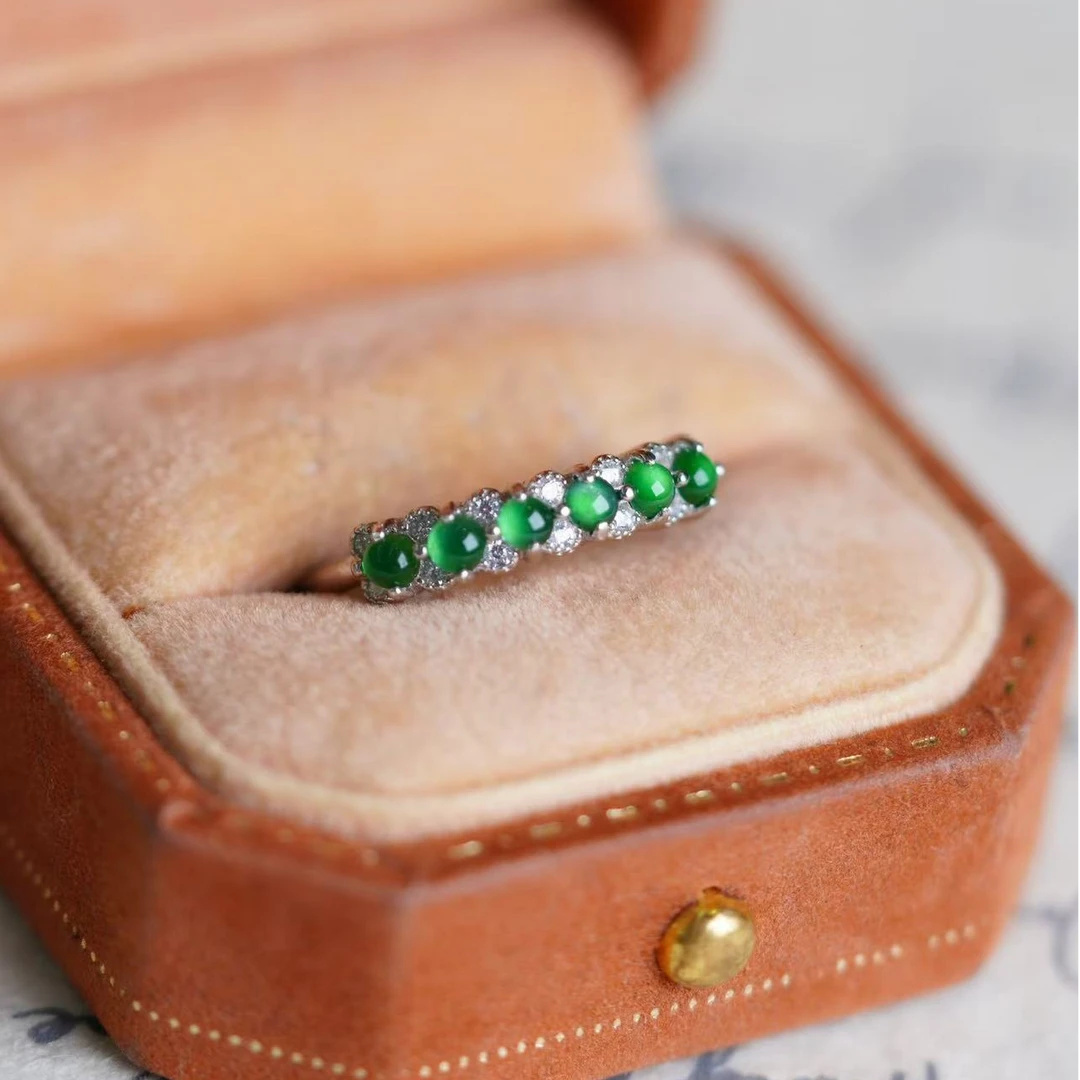 天然A货翡翠多颗蛋面S925银百搭时尚麻花排戒